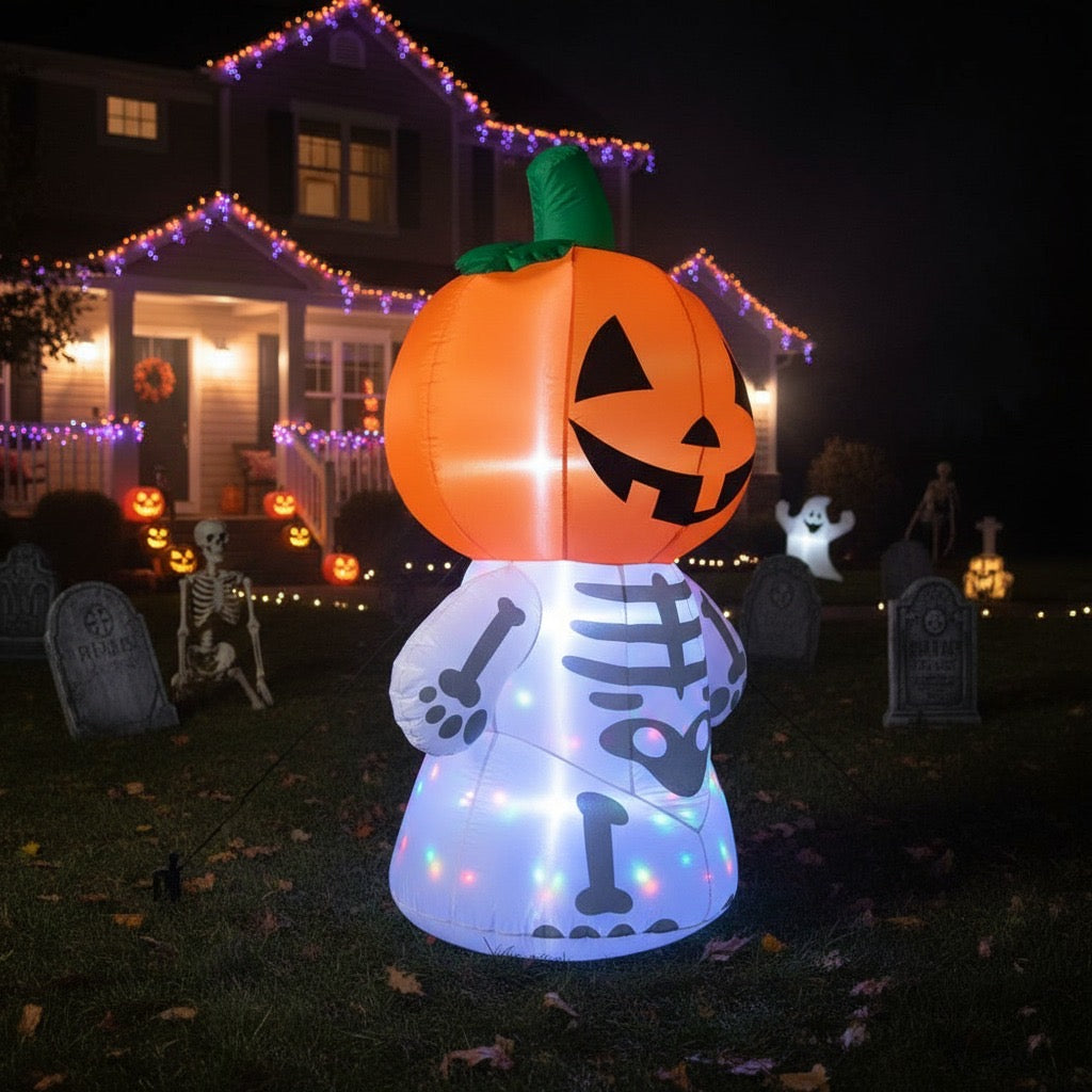 6FT Halloween Inflatable Skeleton Ghost with Pumpkin Head – LED Blow-Up Outdoor Yard Decoration