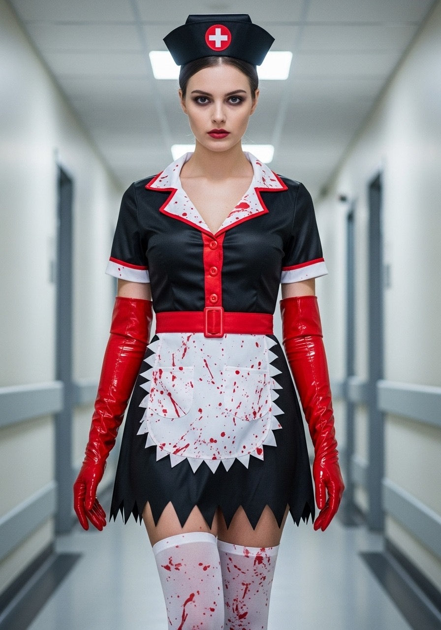 Bloodstained Female Nurse Costume for Halloween – Scary Horror Nurse Outfit for Women, Zombie Nurse Cosplay
