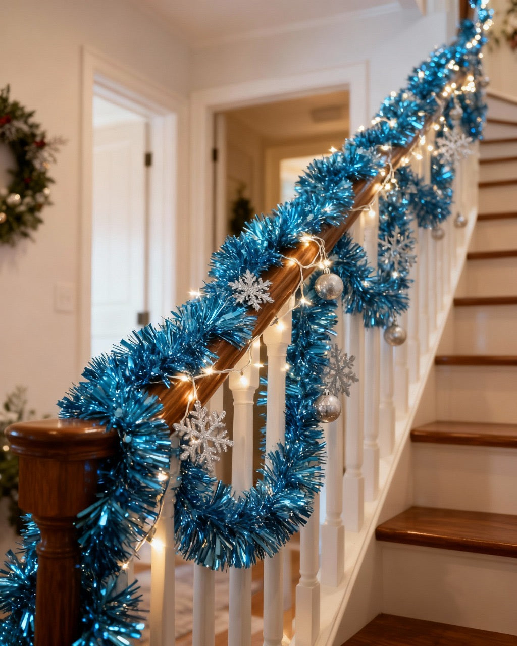 Christmas Garland 10ft – Blue Metallic Tinsel for Indoor/Outdoor Holiday Decoration