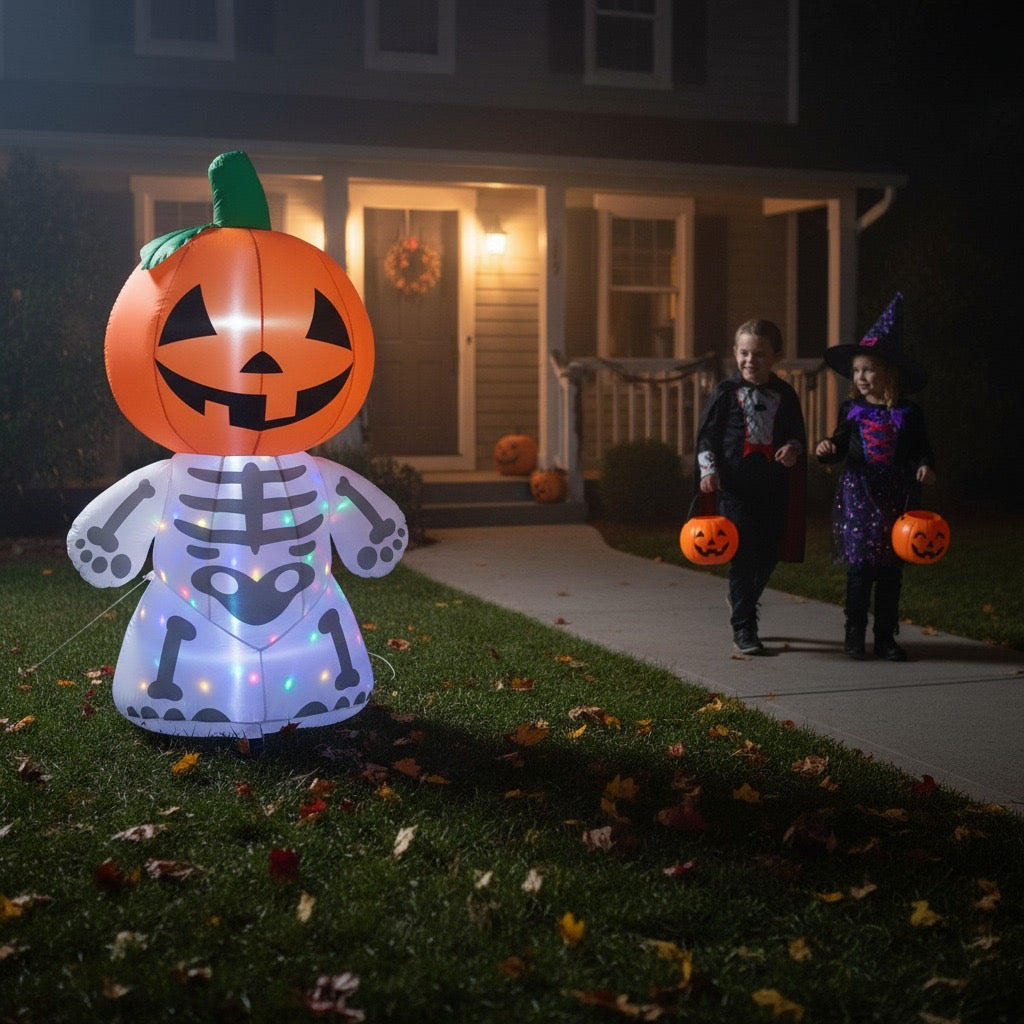6FT Halloween Inflatable Skeleton Ghost with Pumpkin Head – LED Blow-Up Outdoor Yard Decoration