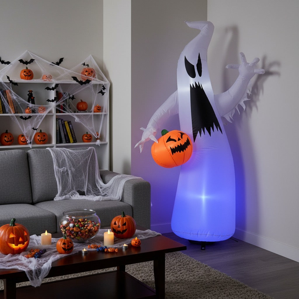 5.9FT Halloween Inflatable Ghost with Pumpkin – LED Lighted Outdoor Yard Decoration