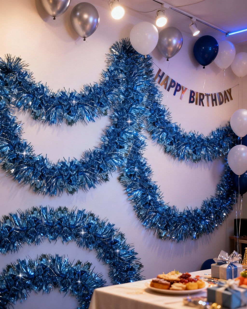 Christmas Garland 10ft – Blue Metallic Tinsel for Indoor/Outdoor Holiday Decoration