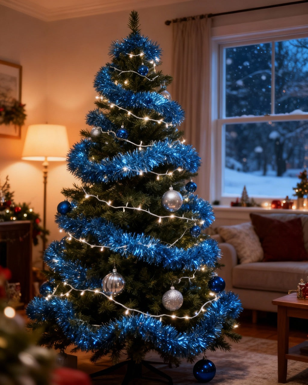 Christmas Garland 10ft – Blue Metallic Tinsel for Indoor/Outdoor Holiday Decoration