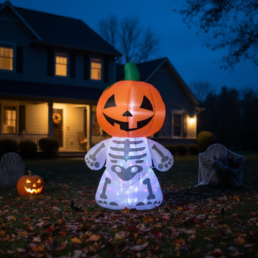 6FT Halloween Inflatable Skeleton Ghost with Pumpkin Head – LED Blow-Up Outdoor Yard Decoration