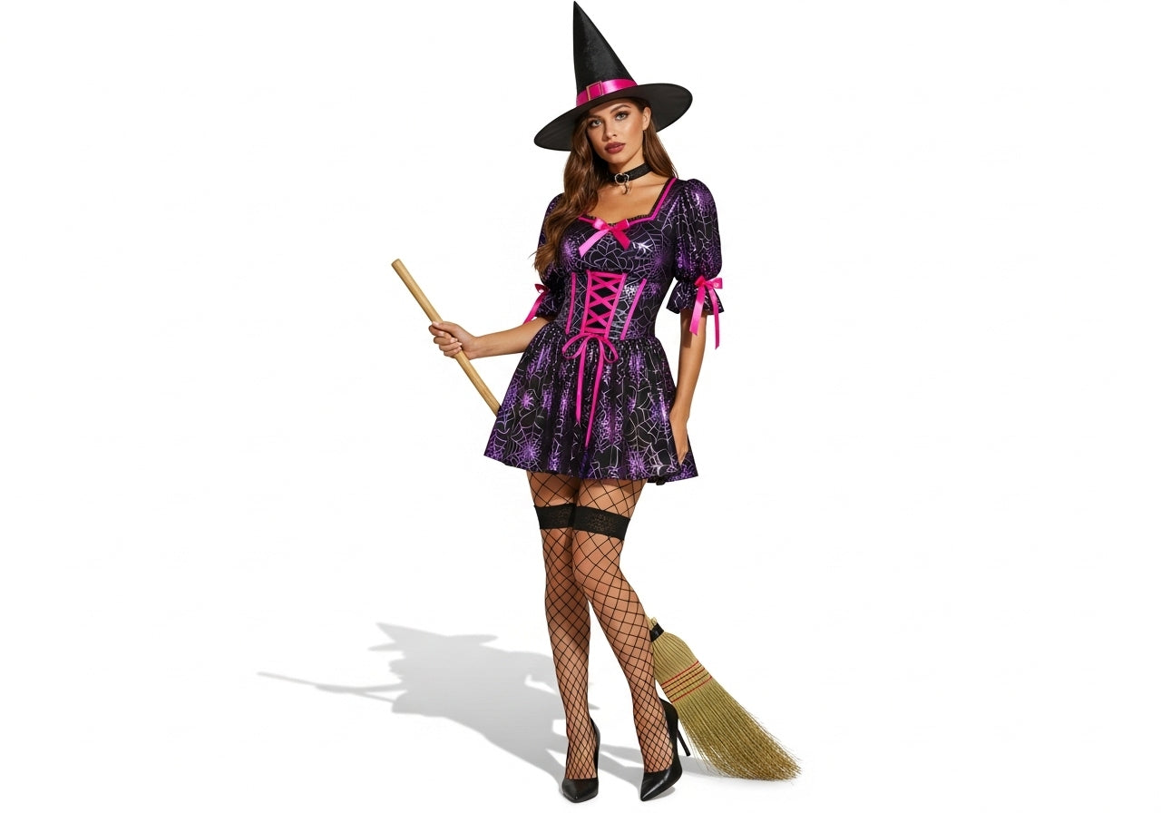 Spider Web Witch Costume – Magic Wizard Halloween Outfit for Women & Girls