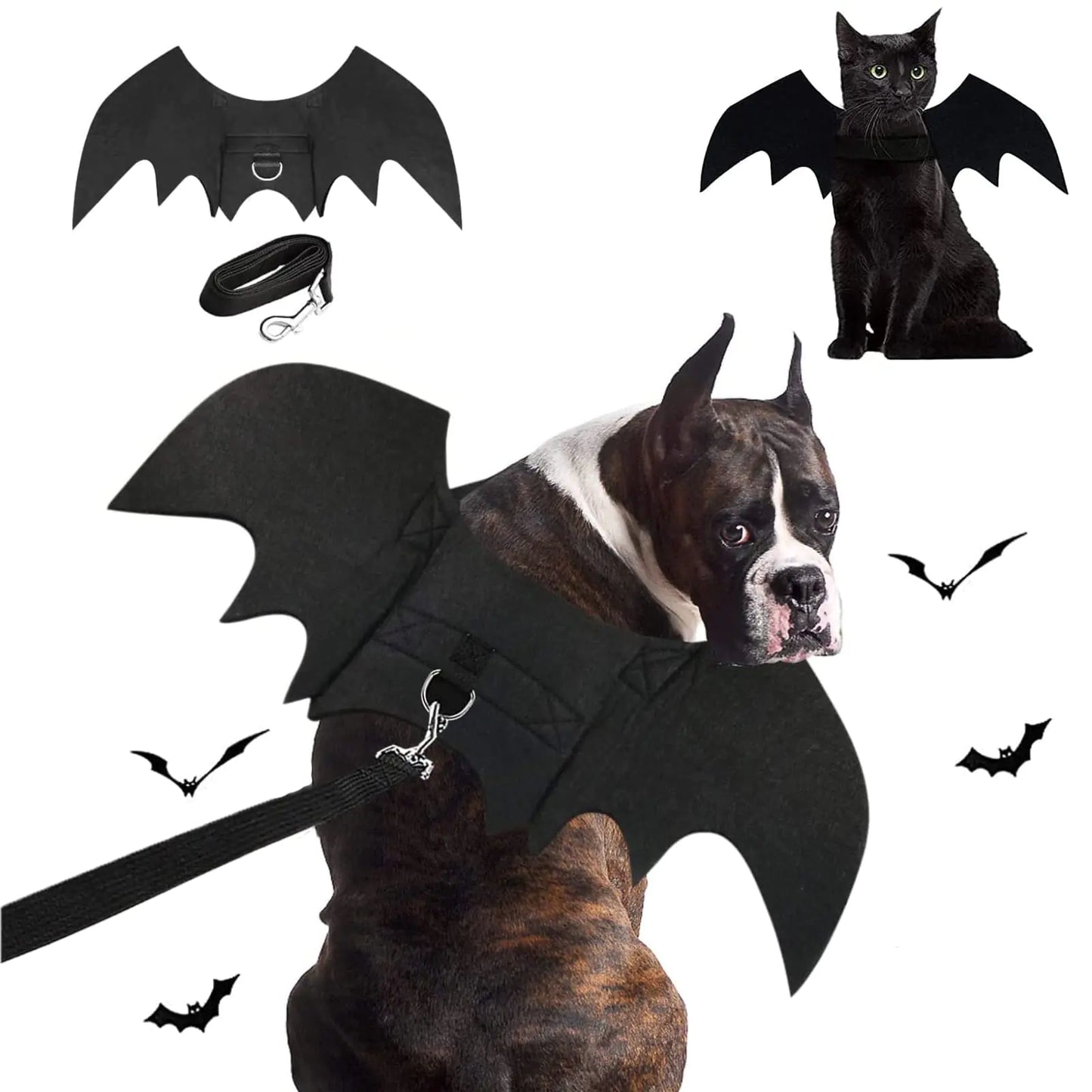 Pet Bat Wings Costume with Leash β Funny Halloween Dog & Cat Outfit (Large)