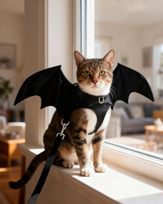 Pet Bat Wings Costume with Leash – Funny Halloween Dog & Cat Outfit (Large)