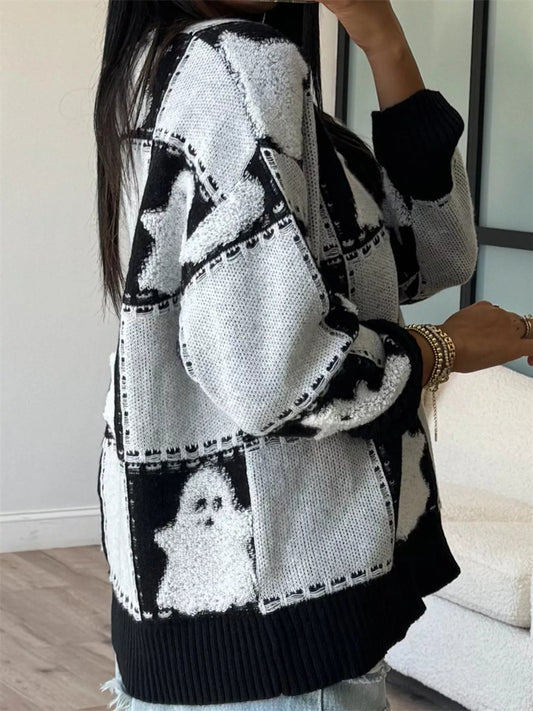 Cozy Halloween Ghost Sweater – Black & Orange Checkered Drop Shoulder Knit