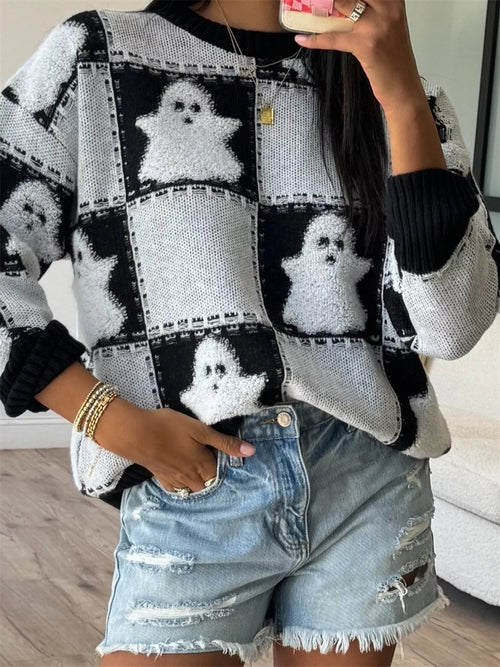 Cozy Halloween Ghost Sweater – Black & Orange Checkered Drop Shoulder Knit