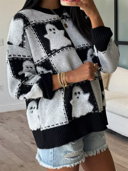 Cozy Halloween Ghost Sweater – Black & Orange Checkered Drop Shoulder Knit